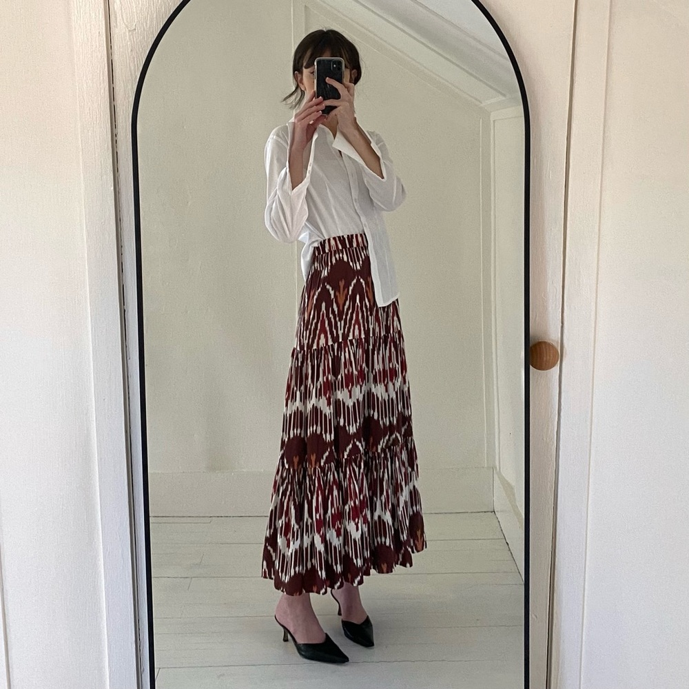 Figue Mila Printed Tiered Midi Skirt in Dylan Ikat Brown